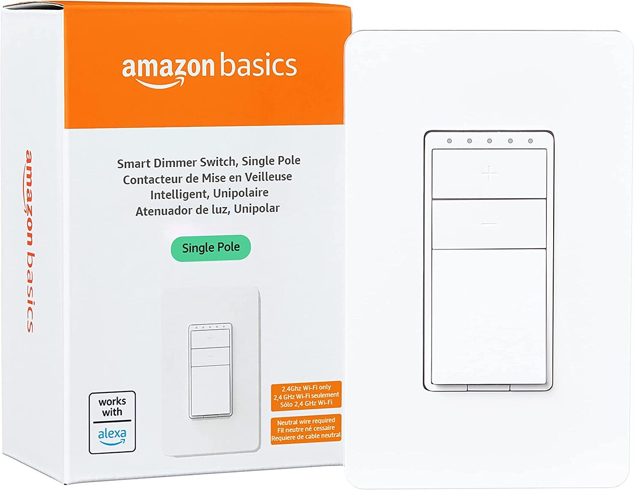 Amazon Basics Single Pole Smart Dimmer Switch, Neutral Wire Required, 2