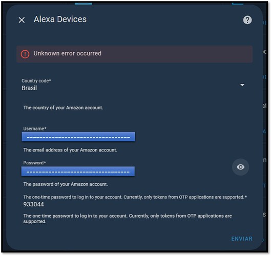 Erro -  Integrations ▸Alexa Devices