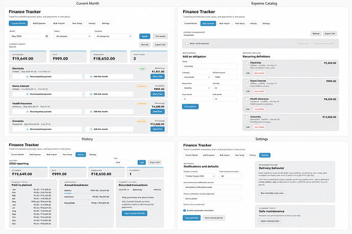 Finance Tracker demo screens