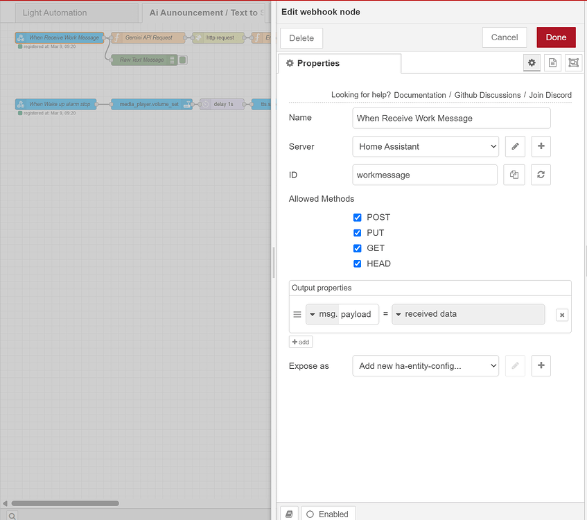 Gemini API + Node Red + Google TTS + Homepod Mini + Webhooks ...