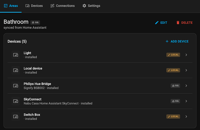 Area with synced and local devices