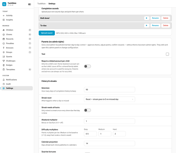 Uploaded sounds in Settings, each with play, rename and delete