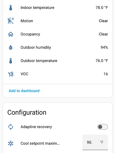 Resideo thermostat device page in Home Assistant