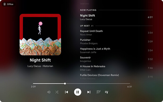 Now Playing with album art, queue and playback controls