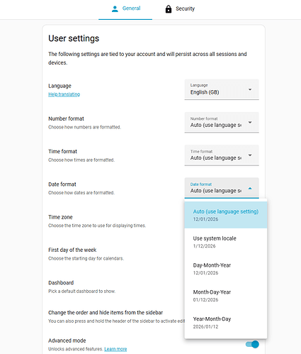 user settings for locale