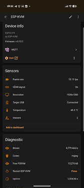 The ESP-KVM device in Home Assistant, its sensors and diagnostics reported live over MQTT
