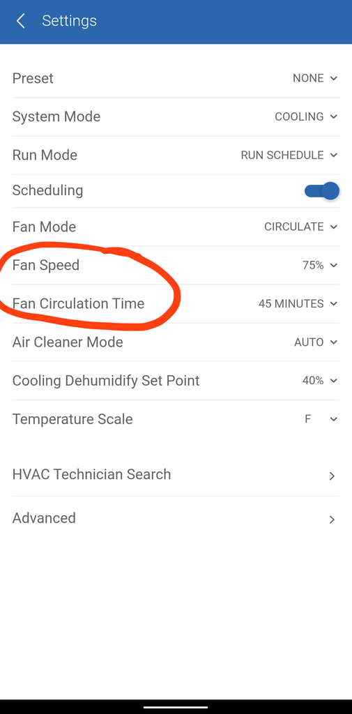 Fan circulation time and fan speed control in Nexia / American Standard