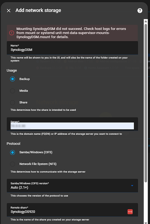 Unable to Add Network Storage - Configuration - Home Assistant Community