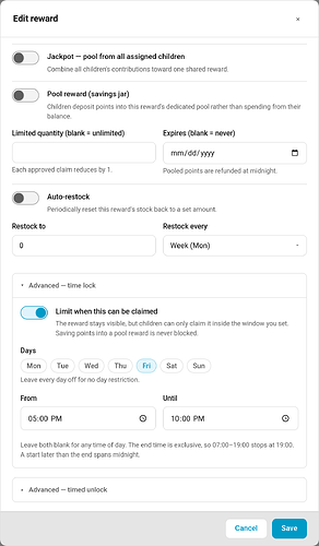 The time lock section of the reward editor