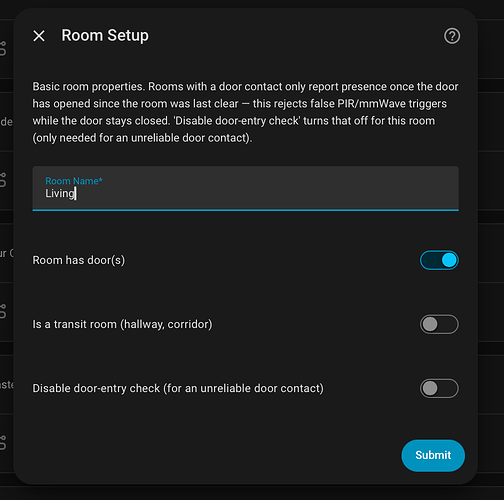 Per-room setup wizard — basic room properties, with the door-entry logic explained inline.