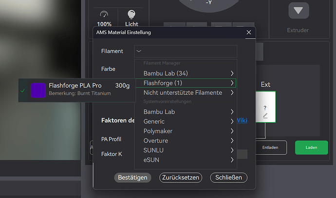 Bambu Studio AMS picker showing the custom Flashforge spool under its own brand