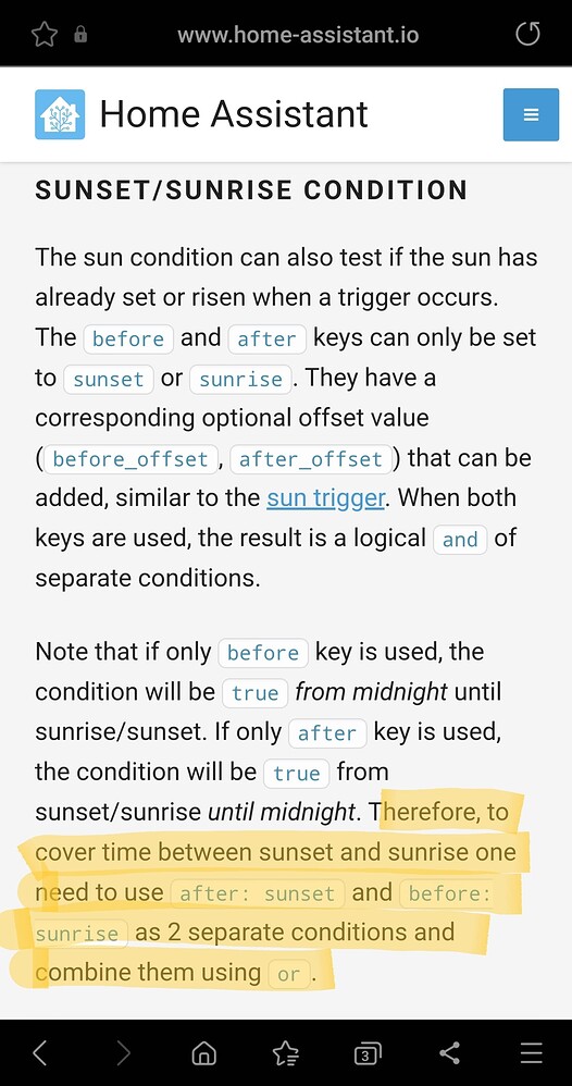 Automation after sunset (tonight) but before sunrise (the next