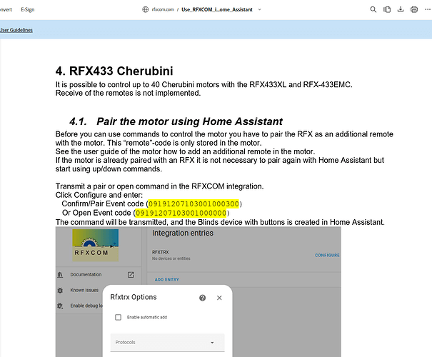 RFX433 with Cherubini - how to pair the motor using Home Assistant