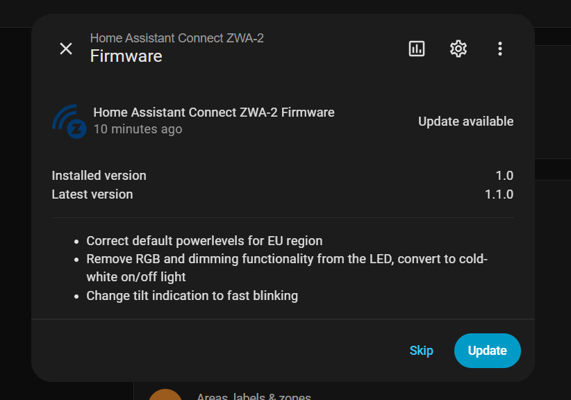 Home Assistant showing ZWA-2 Upgrade Available 2
