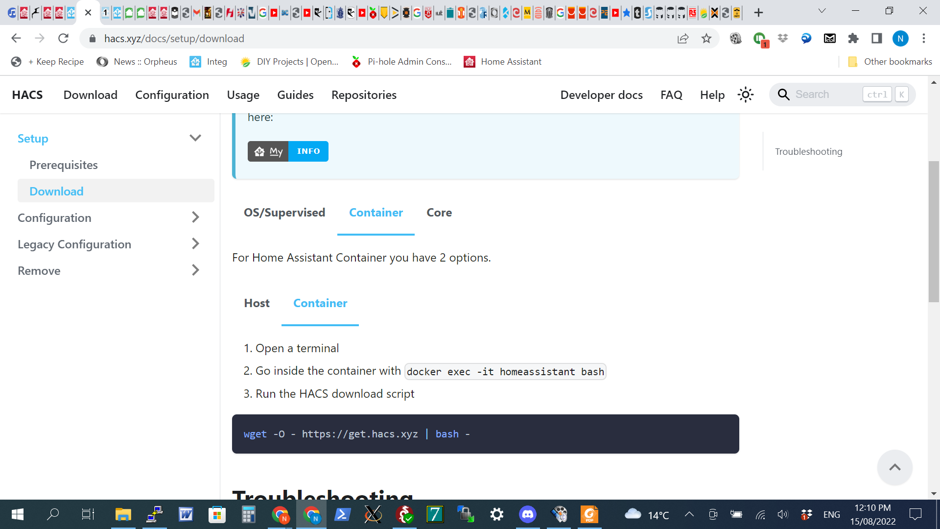 Installing HACS is tricky in Docker, but the documentation is very