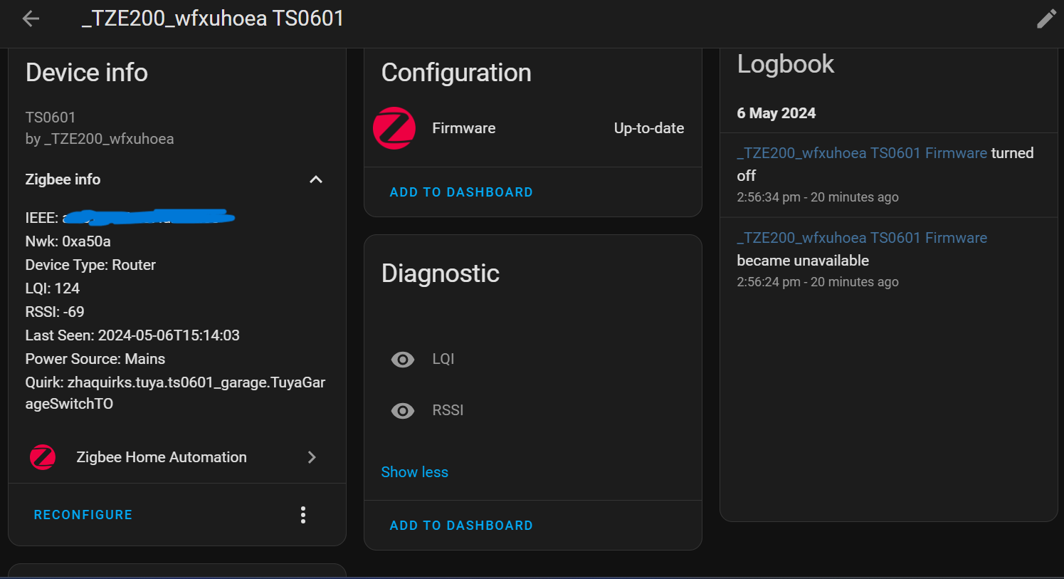 TUYA TS0601 Zigbee garage door opener Third party integrations Home