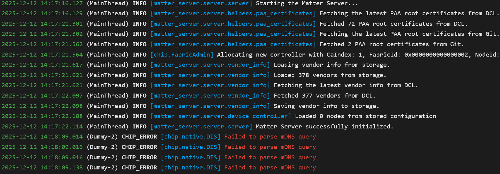 Matter Server log errors