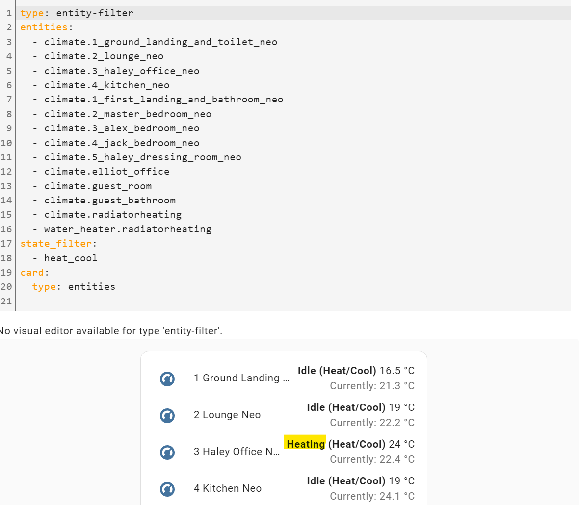 Entity Filter Card what are the correct "States" for heating Third