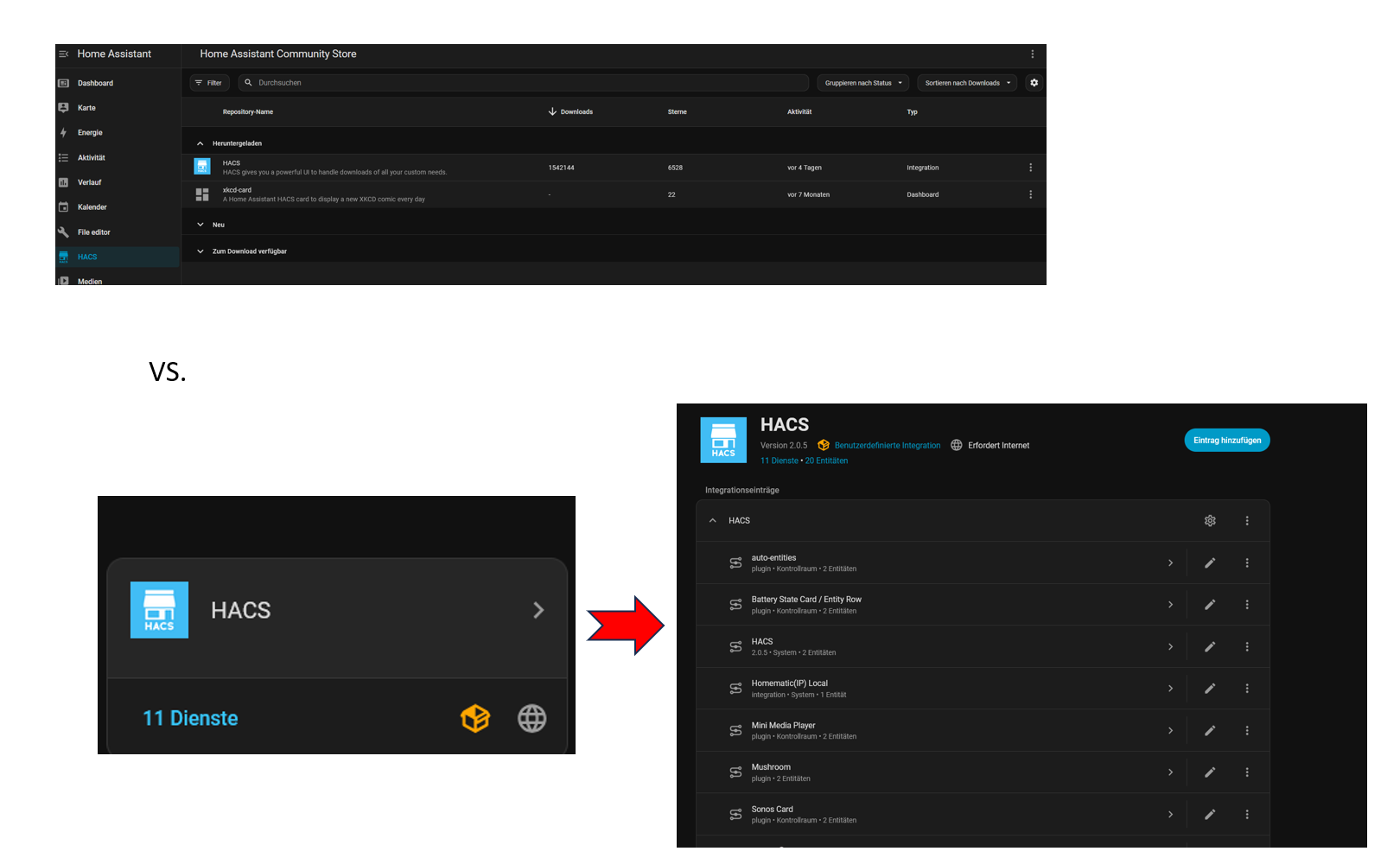 HACS is not showing any installed plugins in its sidebar but lists them ...
