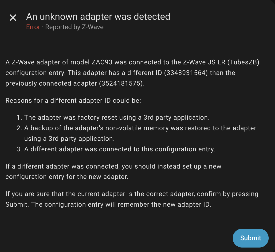 An unknown adapter was detected - z-wave integration confused two