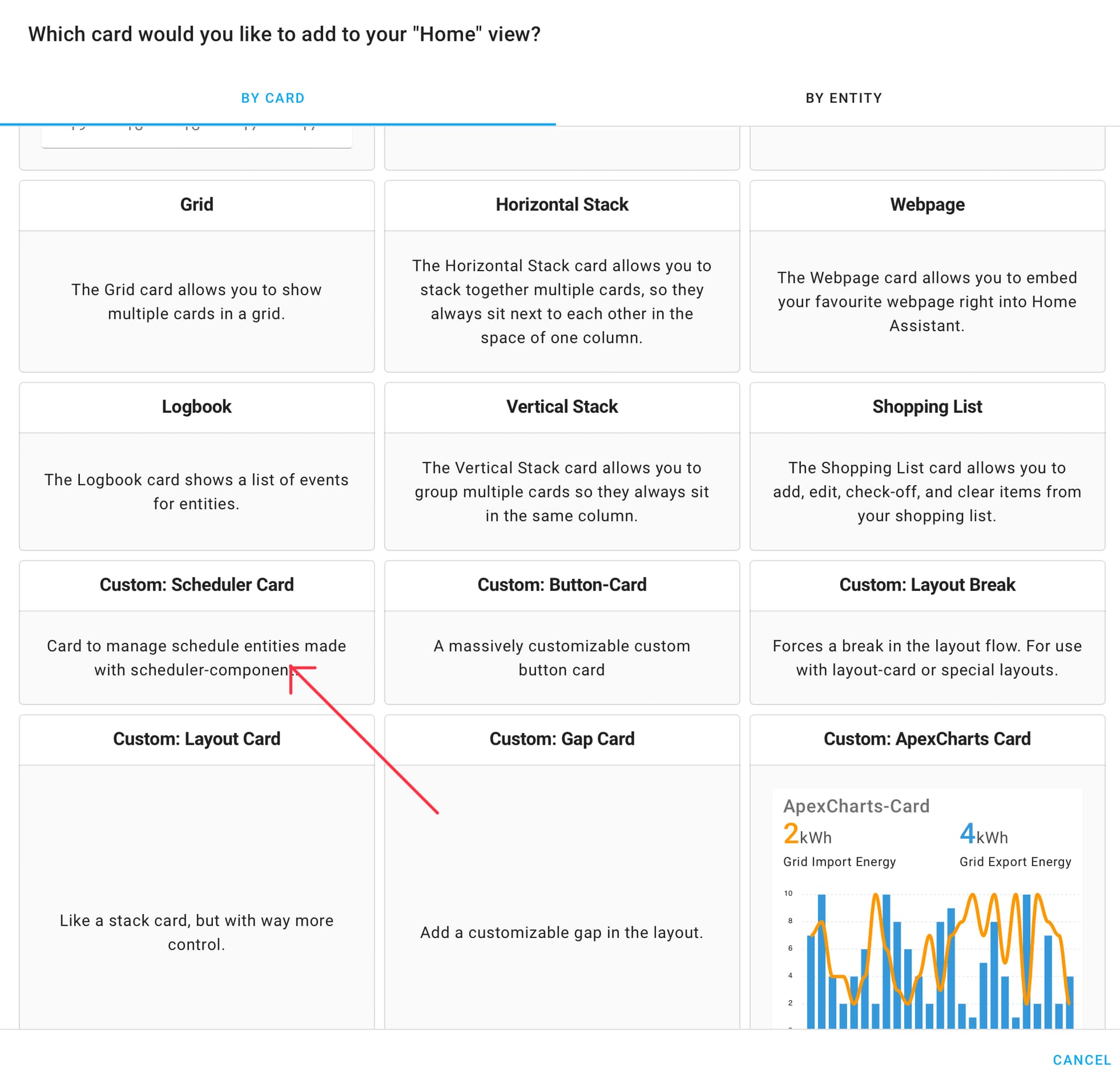 Scheduler card/custom component Dashboards & Frontend Home
