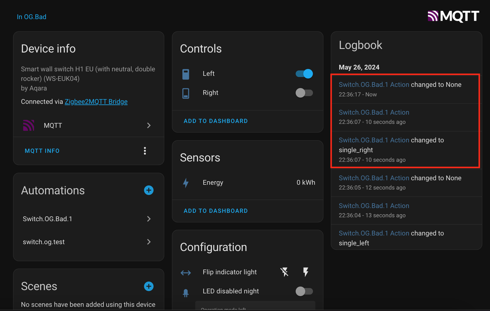 Aqara Wall Switch NOT working in Decoupled Mode Zigbee Home