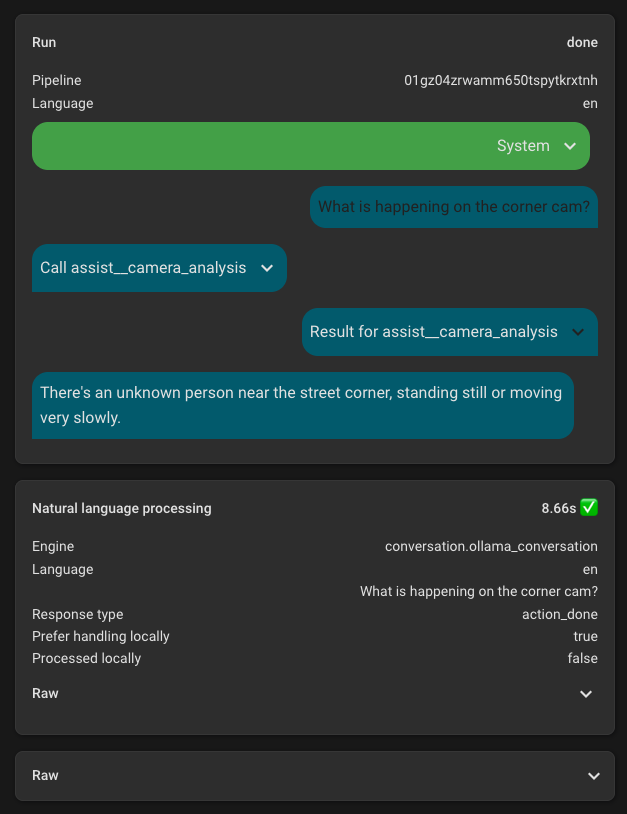 Home Assistant와 Frigate NVR 연동 — 로컬 AI가 보안 카메라 영상을 분석해 길모퉁이에 서 있는 사람을 감지하고 설명하는 화면