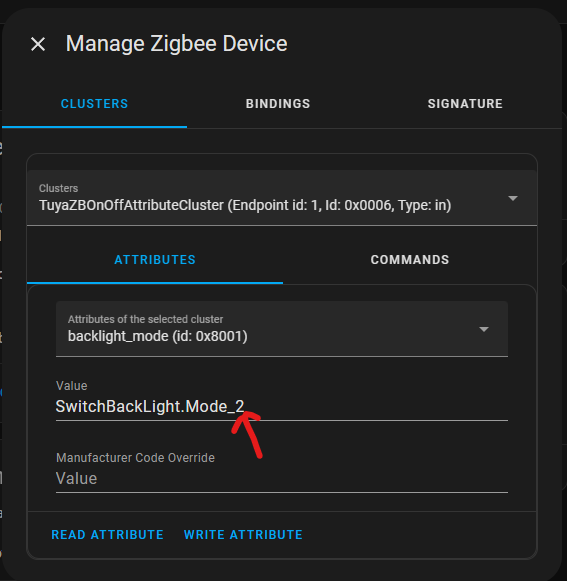 Manually setting 'backlight' attribute on Zigbee MOES Tuya lightswitch