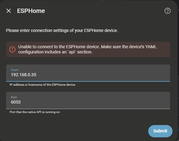 Cannot connect Voice Preview because "Make sure the device’s YAML configuration includes an `api` section"