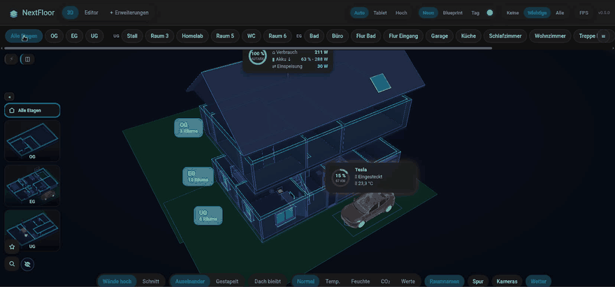 NextFloor in my own house: the house turns, the ground floor opens, a room panel with its lights and devices